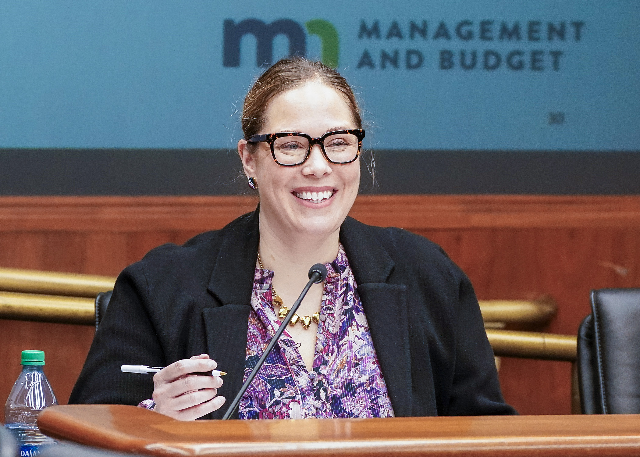 Minnesota Management and Budget Commissioner Erin Campbell presents a Valentine’s Day overview of the governor’s 2024 bonding recommendations to the House Capital Investment Committee. (Photo by Andrew VonBank)